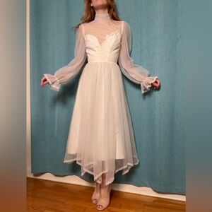 Vintage 1970s Wedding Dress | Sheer High Neck & Poet Sleeves | XS / 00